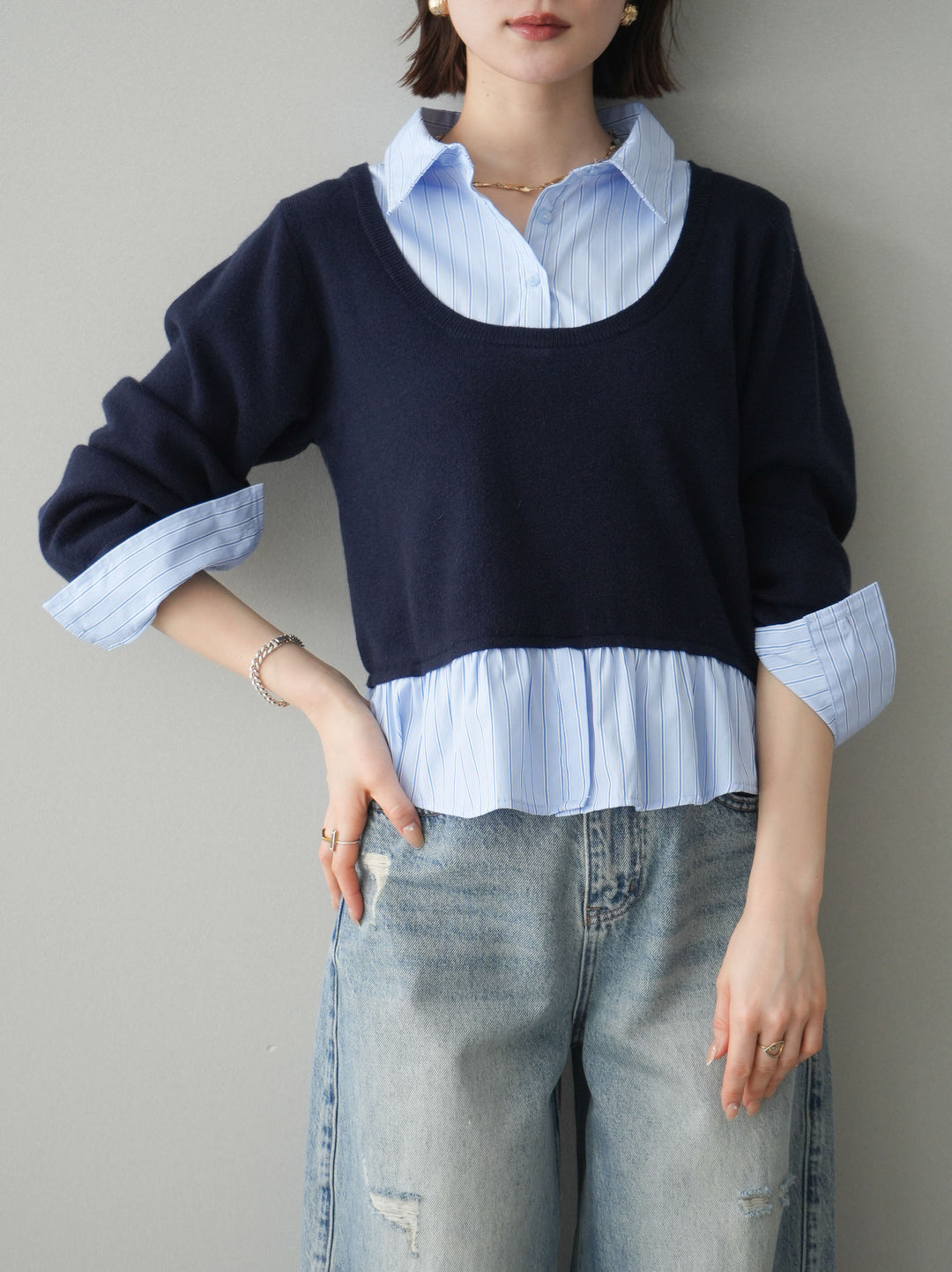 [予約]ストライプシャツUネックドッキングニットプルオーバー/navybluestripeB