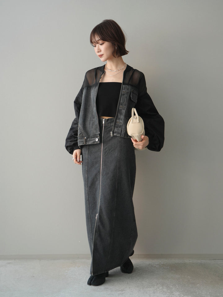[SET]異素材デニムブルゾン+フロントジップデニムスカート(2set)