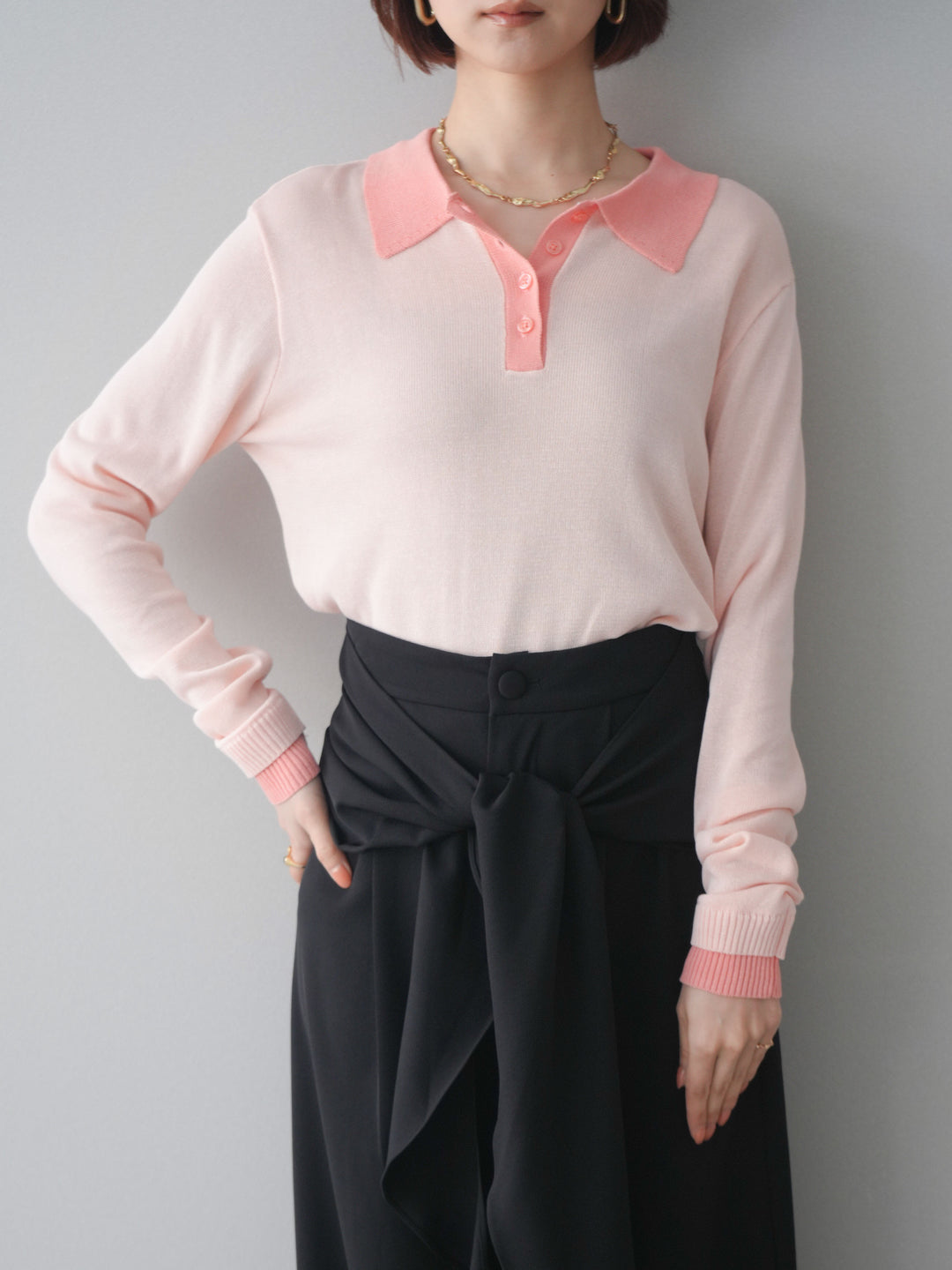 [SET]配色デザインシアーポロニット+ラッフルベルトワイドパンツ(2set)