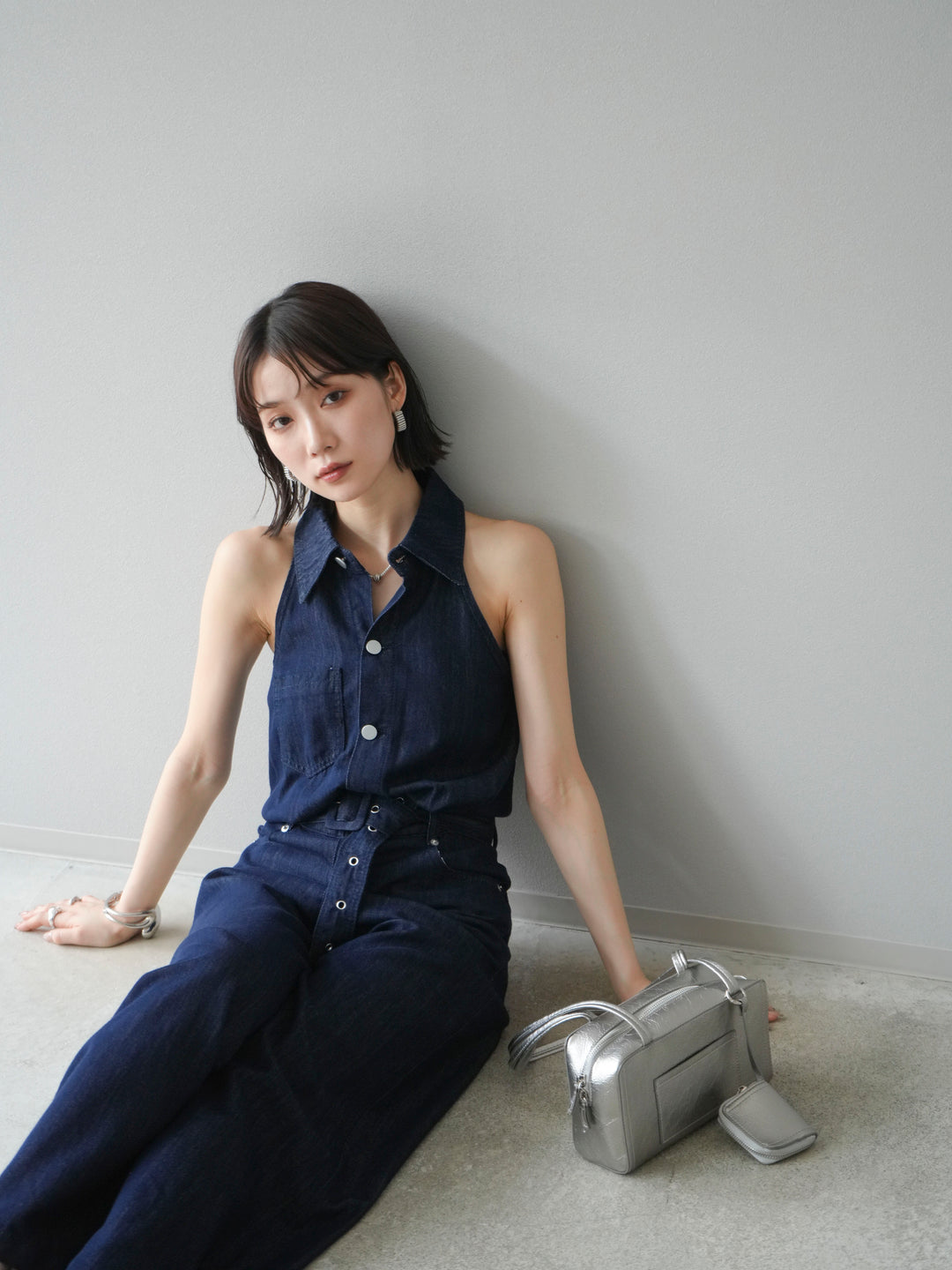 【預購】翻領牛仔連身衣/深藍色