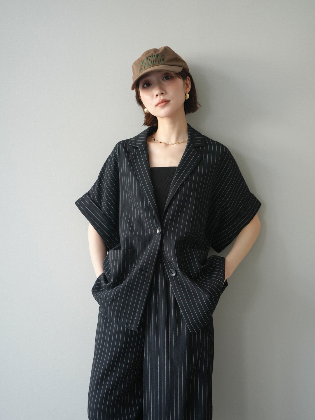 [SET]ストライプハーフスリーブオーバージャケット+ストライプリラックスワイドパンツ(2set)