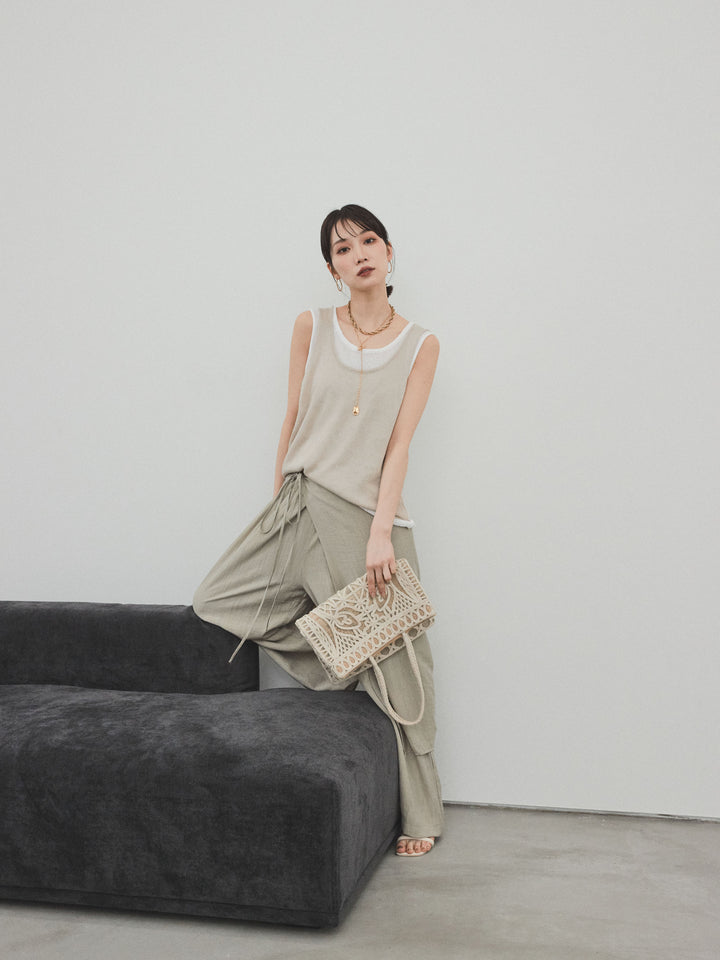 [SET]バイカラーレイヤードニットタンクトップ+ワッシャーサテンレイヤードスカートパンツ(2set)