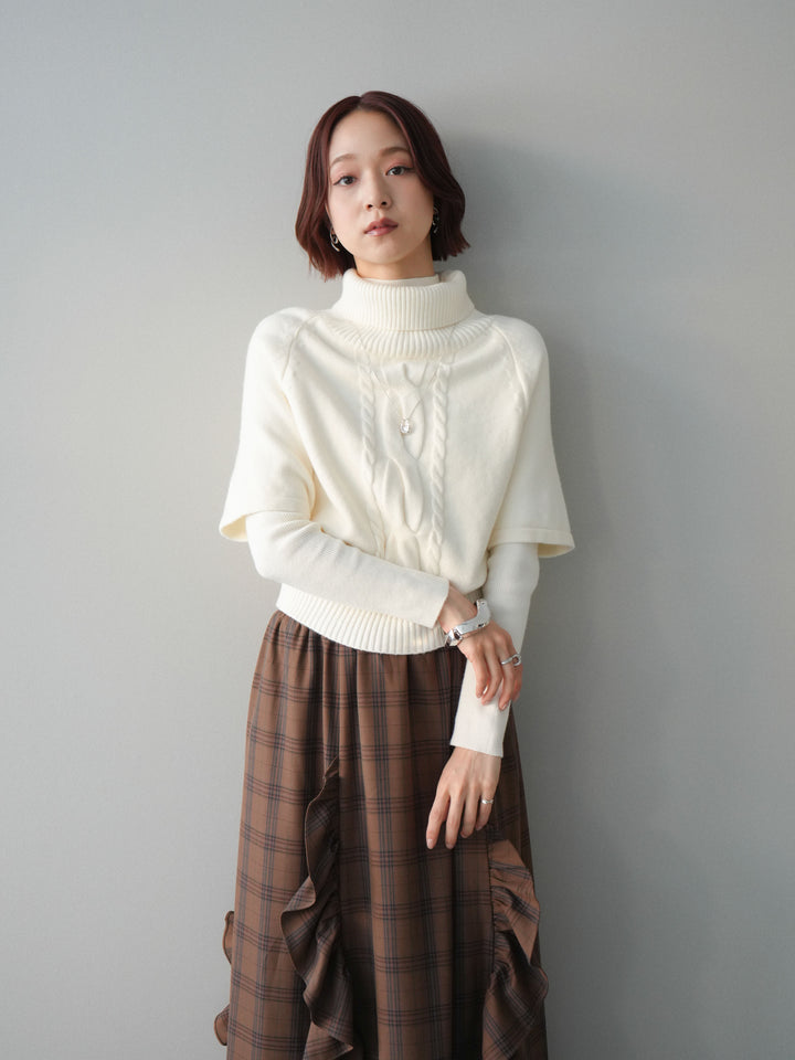 [予約]ケーブル編みタートルハーフスリーブニットアンサンブル/ivory