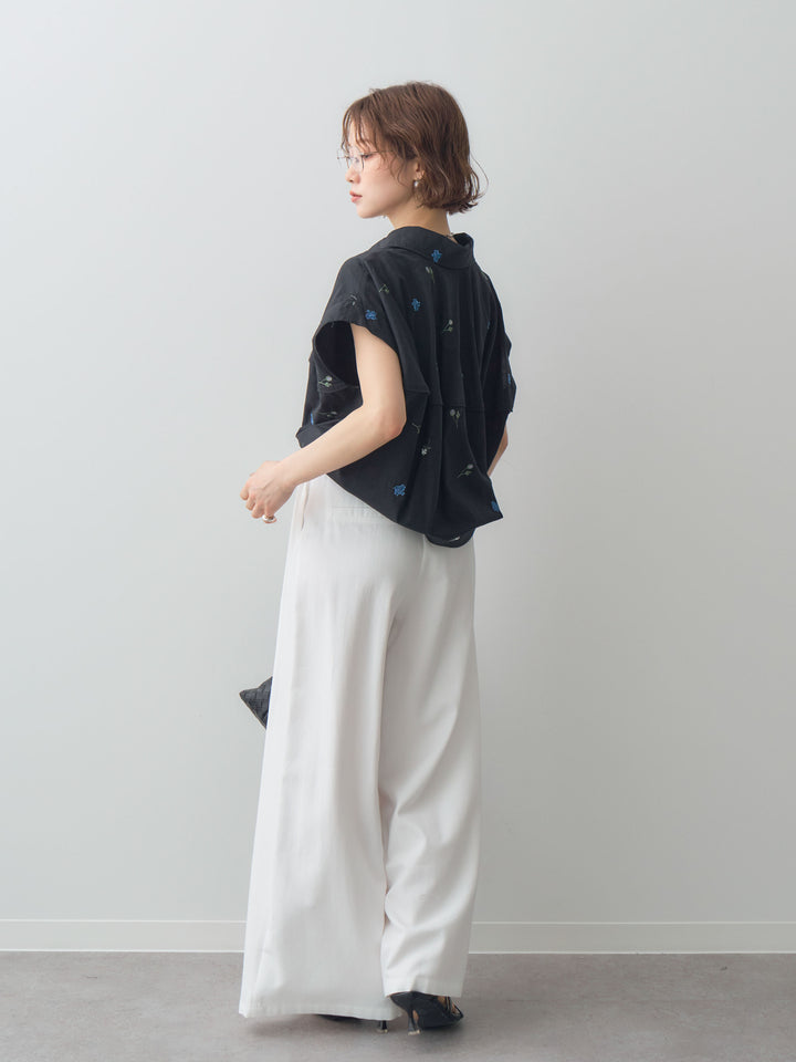 【套裝】花卉刺繡燈籠無袖襯衫+腰帶設計環扣闊腿褲（兩件套）