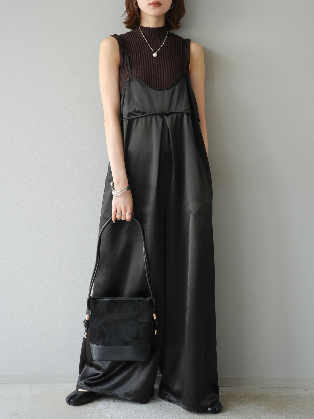 [予約]ボトルネックワッフル編みノースリーブニットトップス/ブラウン