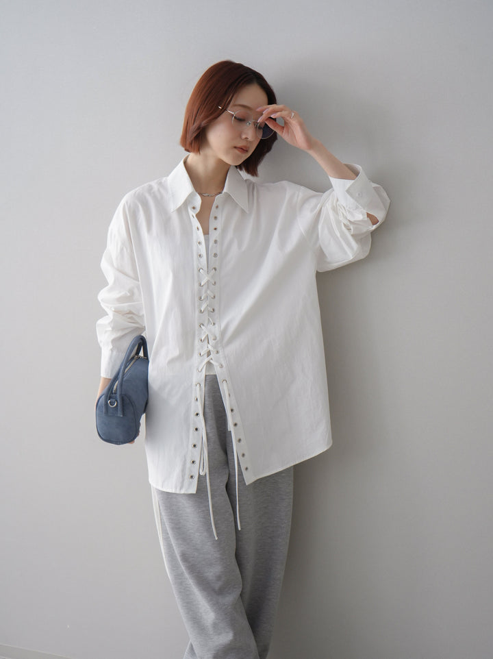 [SET]レースアップブロードシャツ+バイカラー異素材サイドラインライトポンチパンツ(2set)