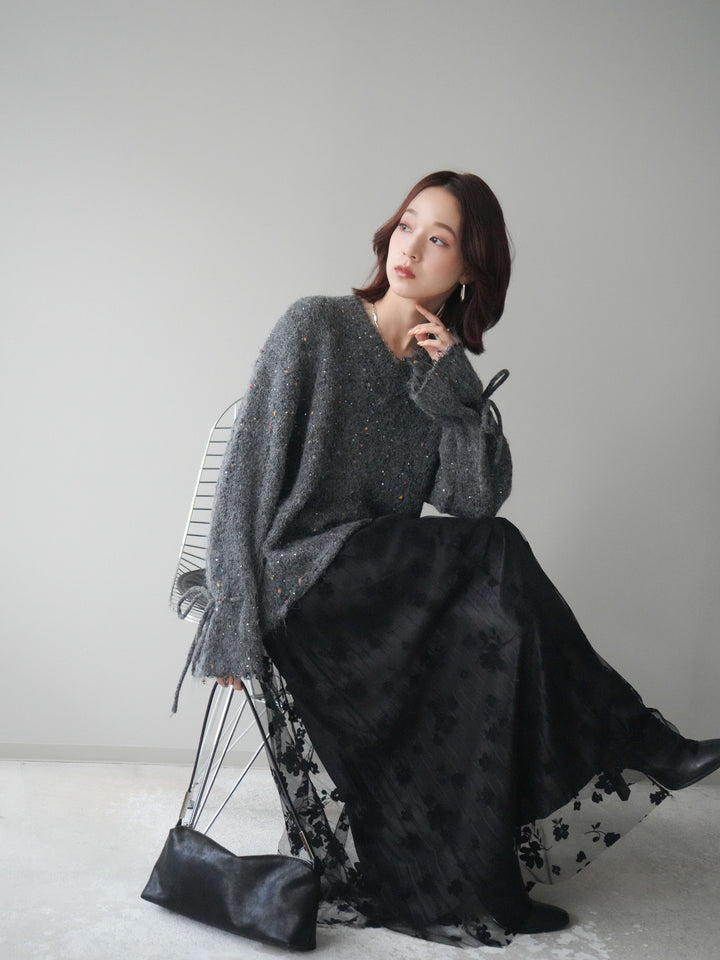 [SET]キャンディースリーブカラーネップスパンコールニットプルオーバー+フラワーフロッキーチュールプリーツスカート(2set)