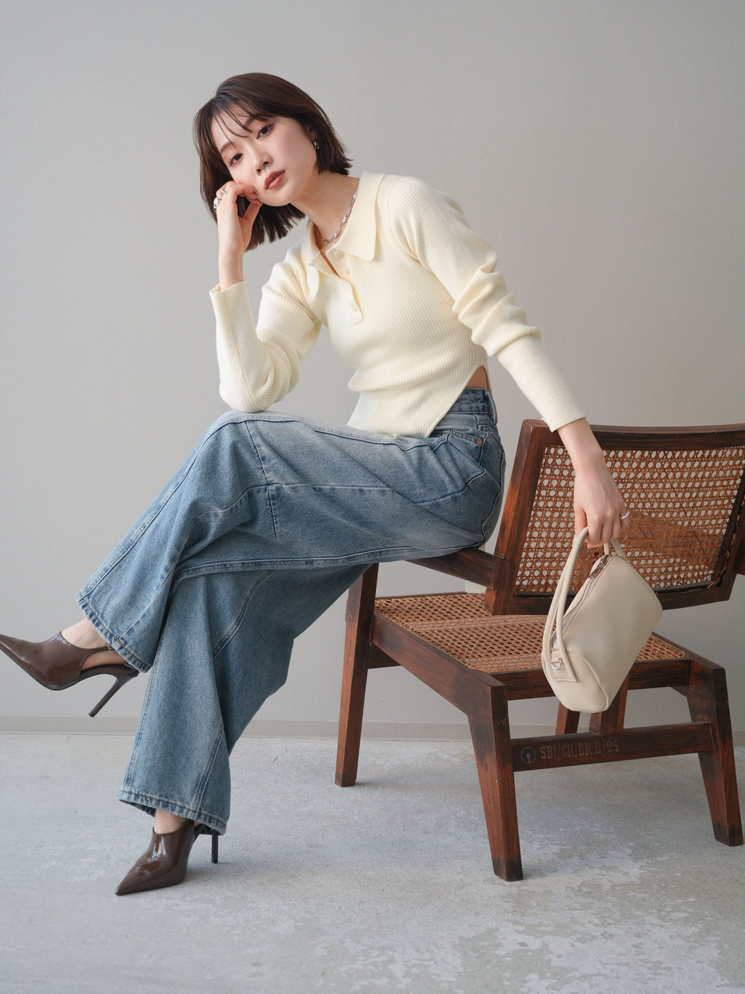 [予約]リブポロニットボディスーツ/ivory