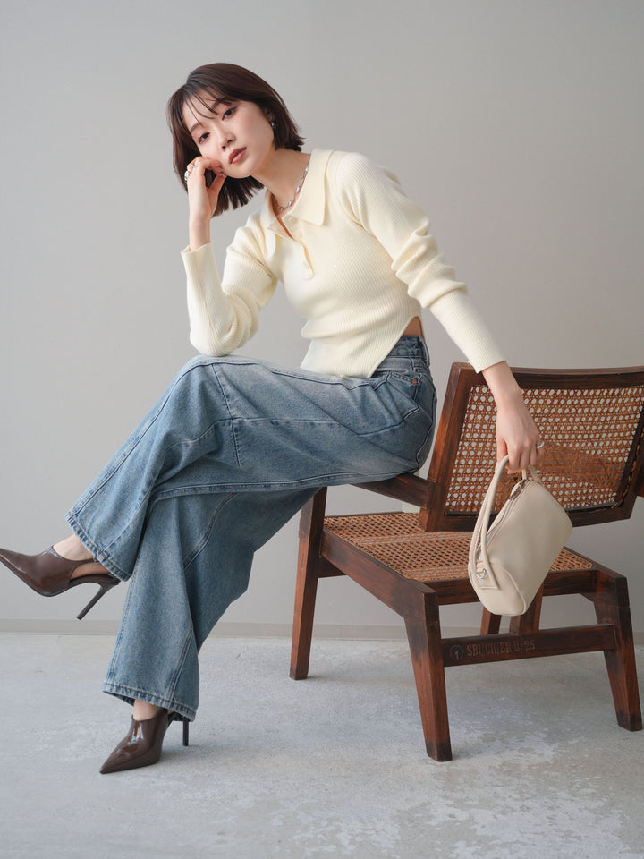 [予約]リブポロニットボディスーツ/ivory