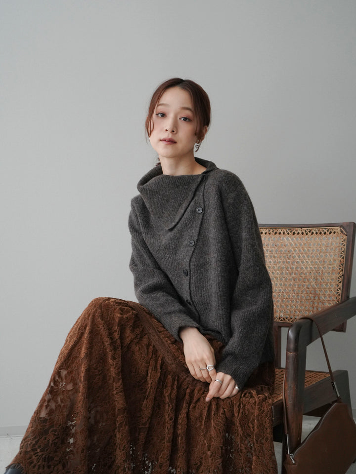 [SET]ハイネックデザインボタンニットカーディガン+起毛レースティアードスカート(2set)