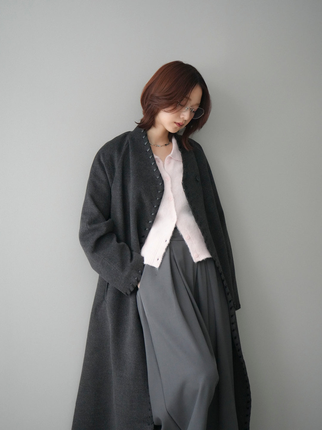 [SET]ハンドステッチ裏中綿ロングコート+テープベルトタックバギーパンツ(2set)