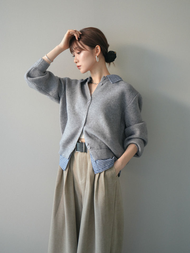 [予約]チェックシャツ襟ニットカーディガン/gray