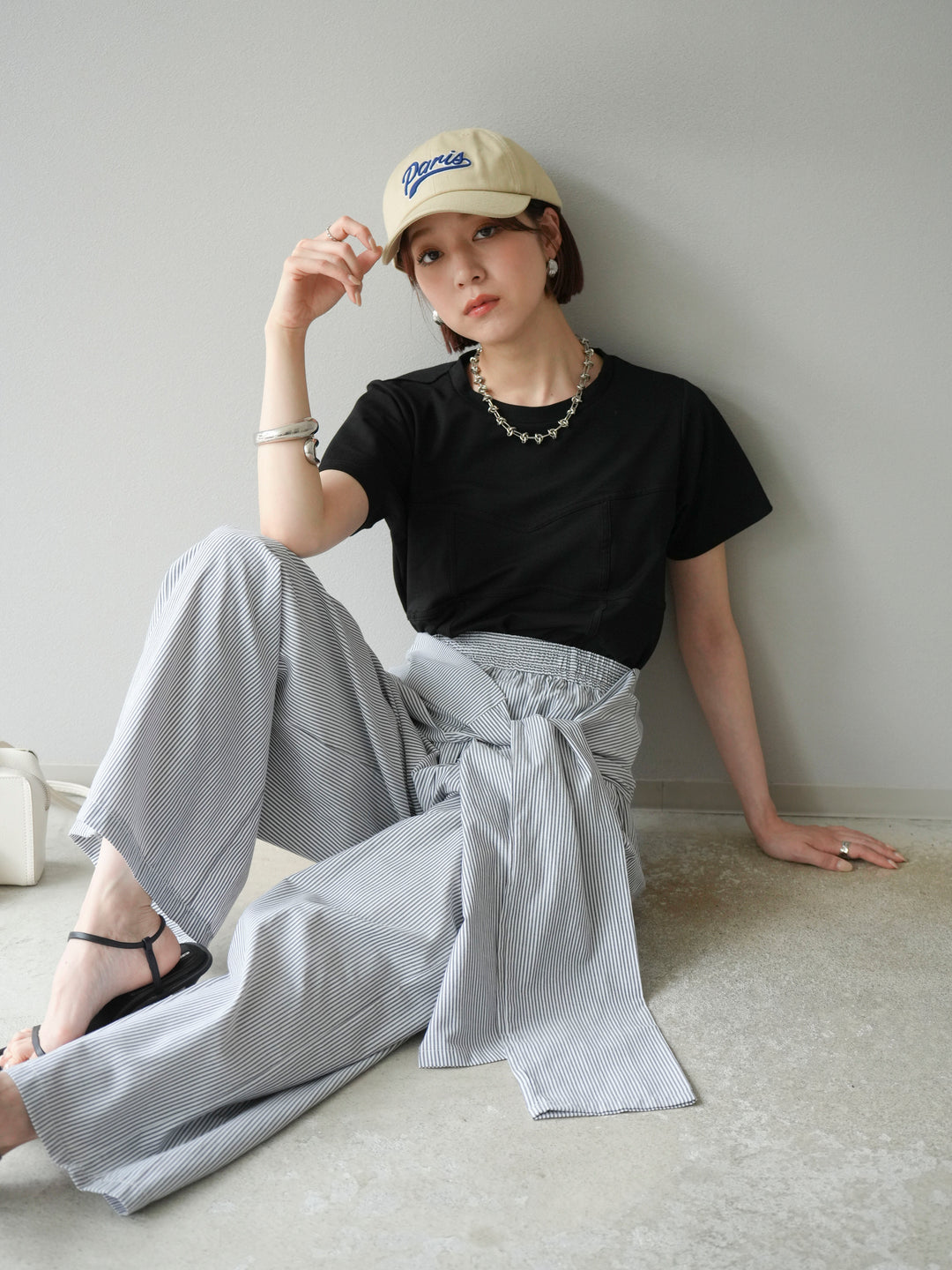 [SET]ビスチェデザインTシャツ+ウエスト巻きストライプイージーパンツ(2set)