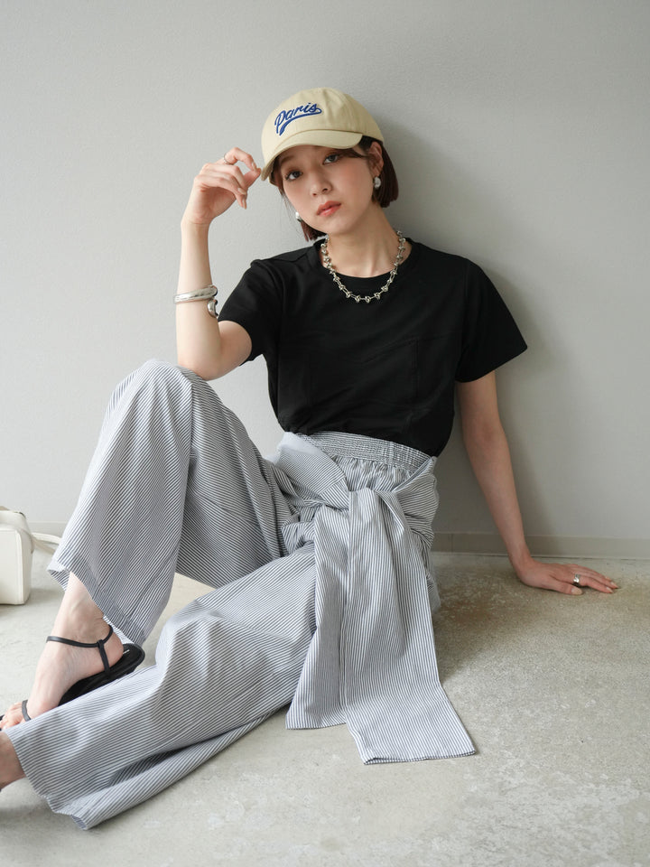 [SET]ビスチェデザインTシャツ+ウエスト巻きストライプイージーパンツ(2set)
