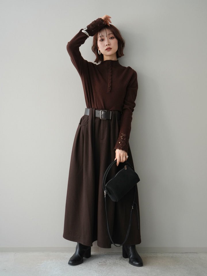 [SET]袖スカラップレースフロントボタンウールニットトップス+ベルト付きベルトループスカート(2set)