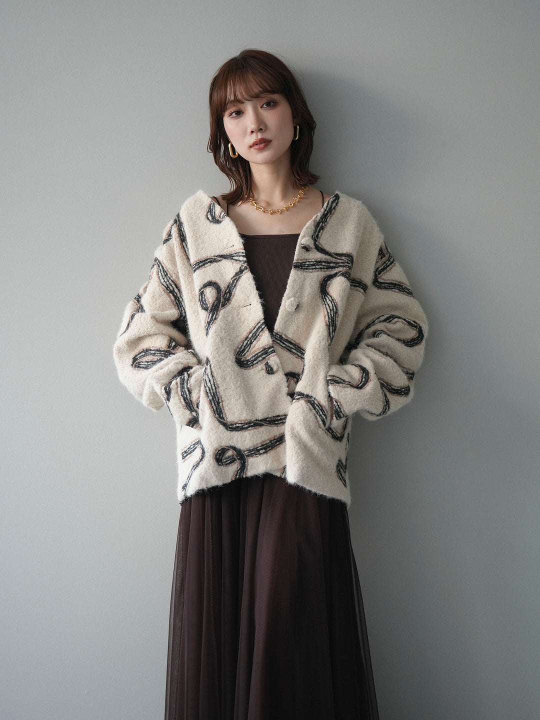 [予約]ニュアンス刺繍ブークレニットジャケット/white