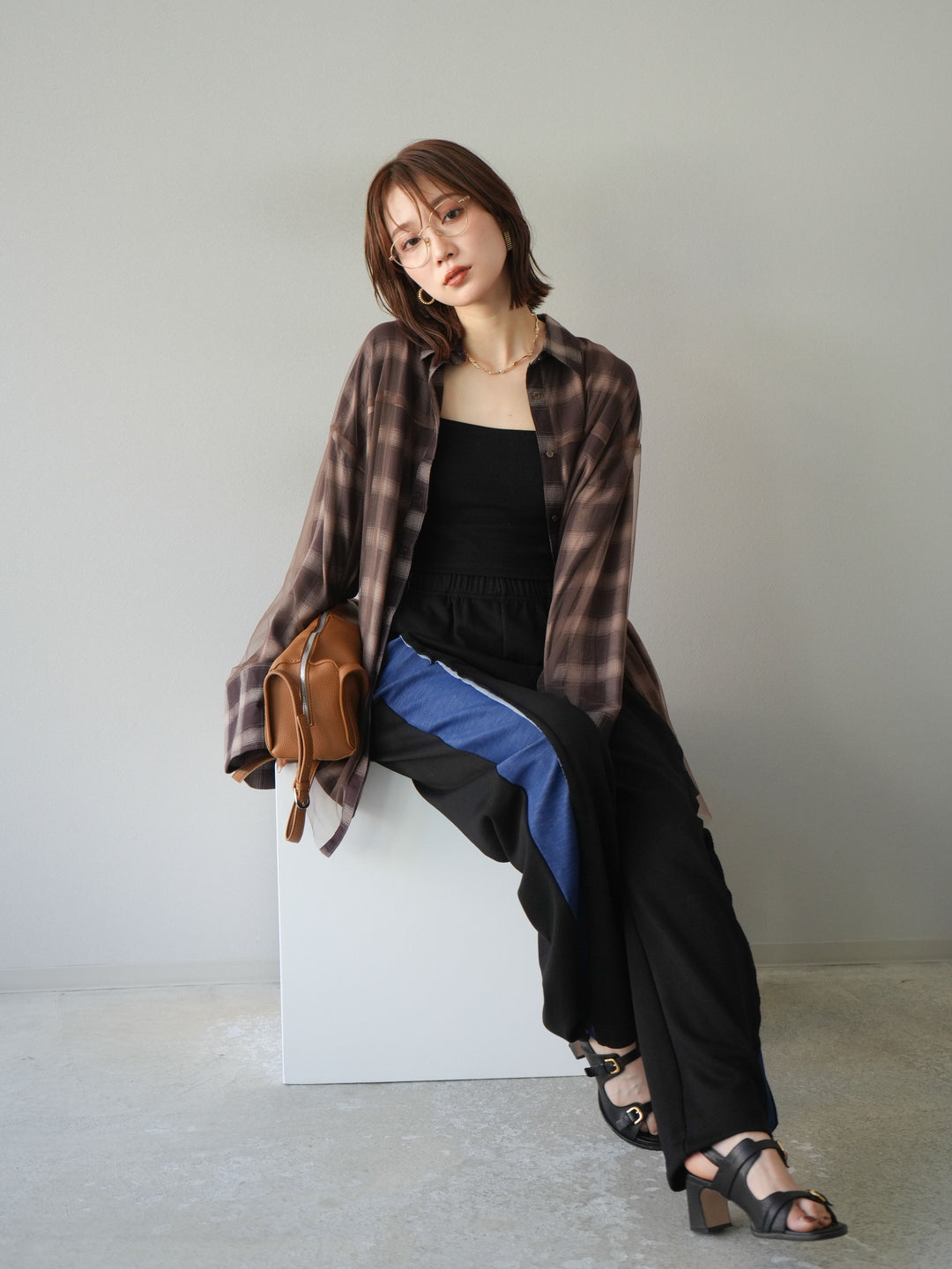 [套裝] 薄紗對接格紋寬鬆襯衫 + 牛仔布 Switch 2-Way 設計運動褲 (2 套)