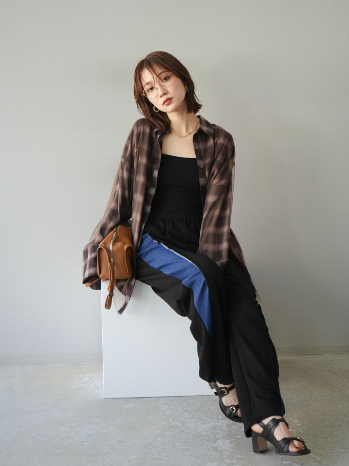 [套裝] 薄紗對接格紋寬鬆襯衫 + 牛仔布 Switch 2-Way 設計運動褲 (2 套)