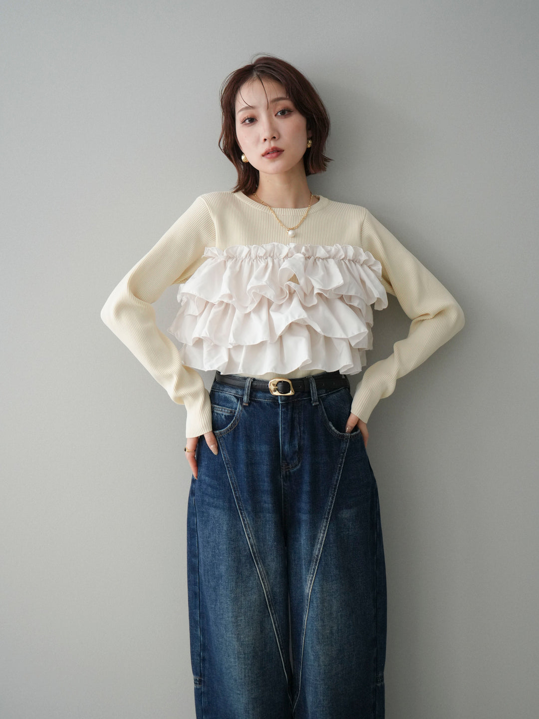 [SET]フリルビスチェドッキングスポンジニットプルオーバー+裏起毛加工デニムカーブパンツ(2set)