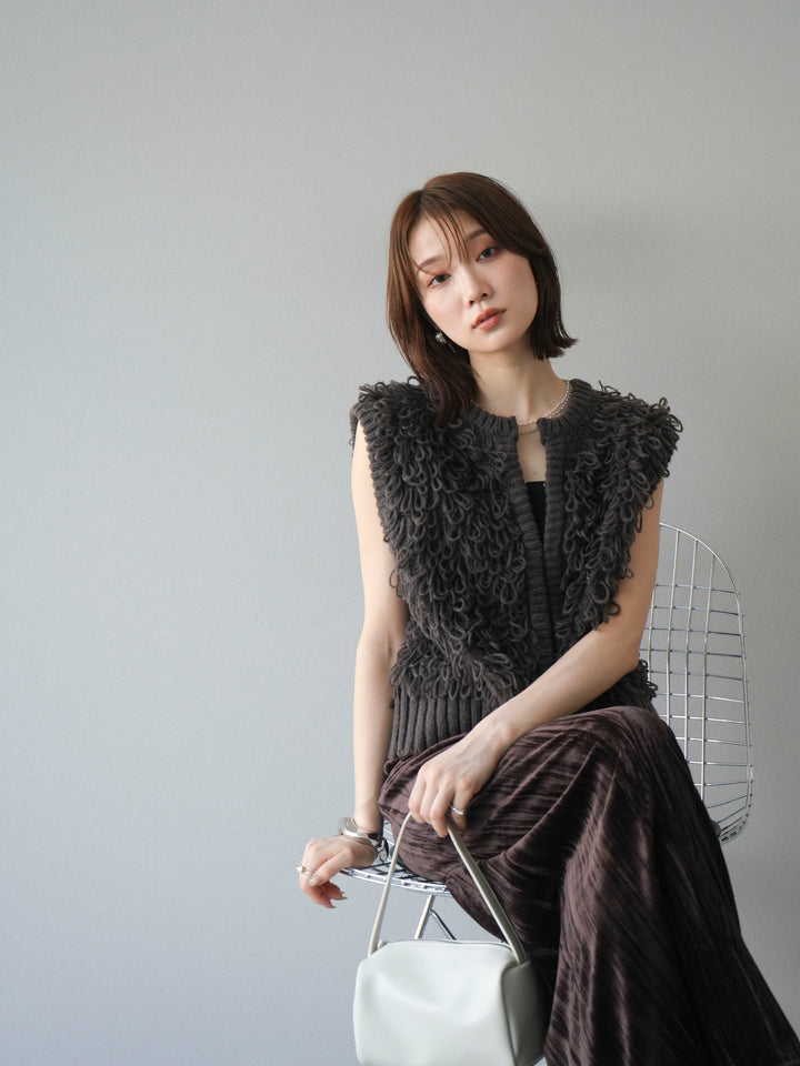 [SET]レザー襟オンブレチェックオーバーシャツ +ループデザインホックベスト +クラッシュベロアナロースカート(3set)