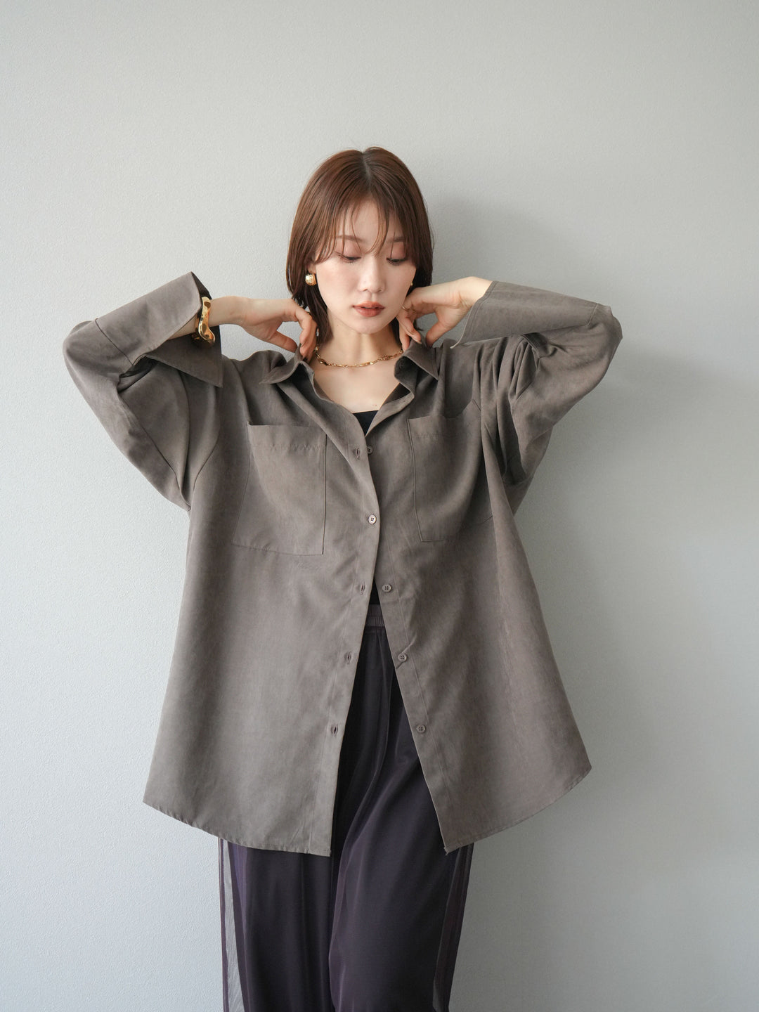 [予約]スエードライクBIGカフスオーバーシャツ/ブラウン