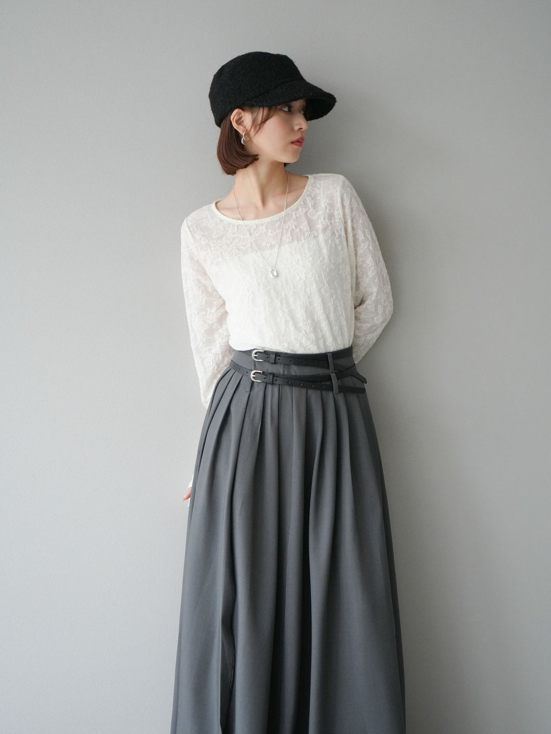 [SET]シアージャガードトップス+エステルプリーツスリットスカート(2set)