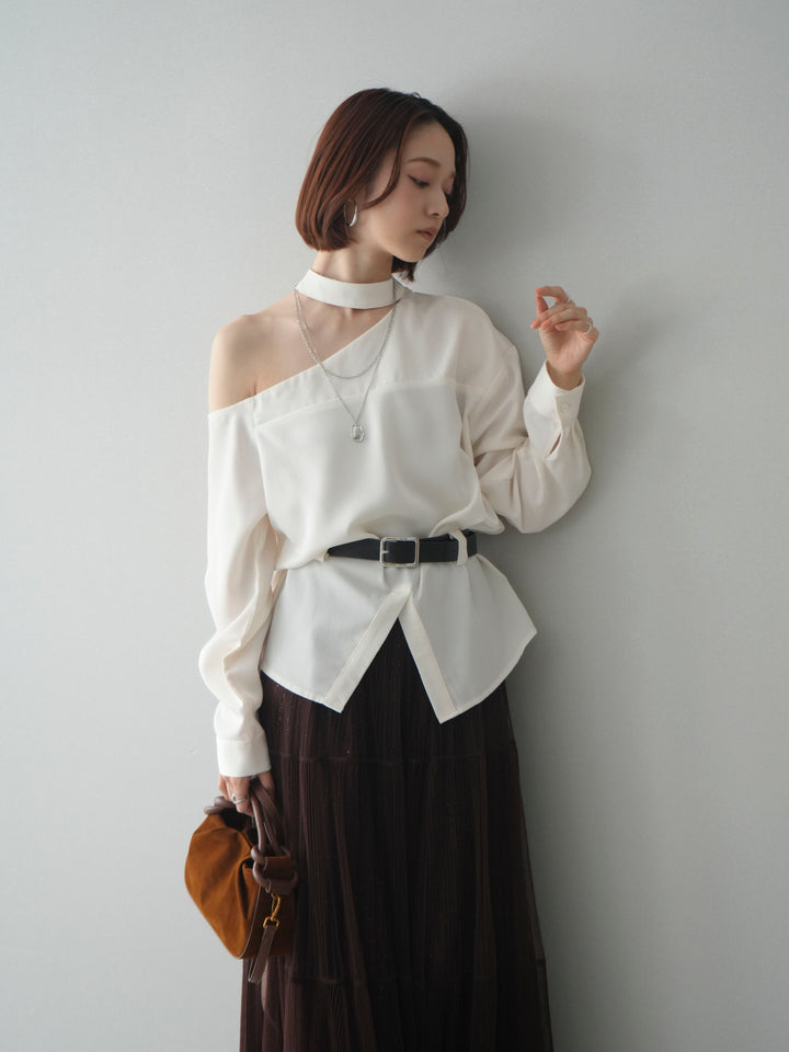 [SET]ベルト付ワンショルダースリットブラウス+ラメプリーツレイヤードチュールロングスカート(2set)