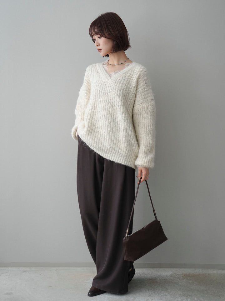 [SET]Vネックレースニットプルオーバー+ベルトループデザインワイドパンツ(2set)