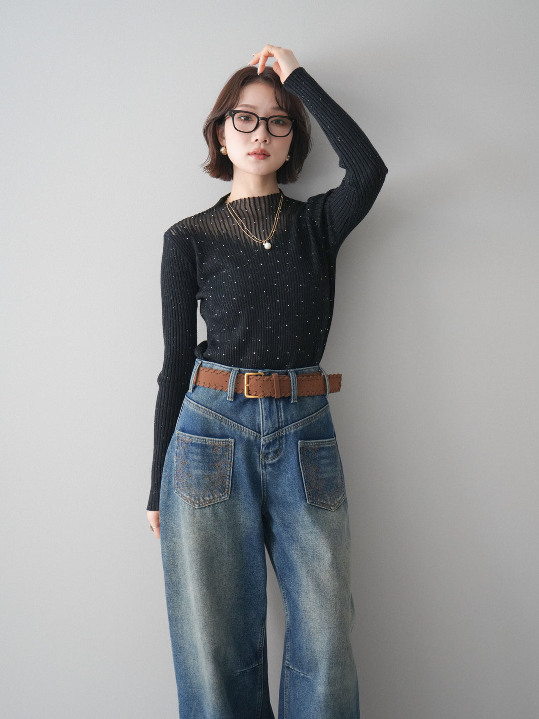 [SET]シアー切替スパンコールリブニットトップス+ベルト付ポケット刺繍カーブデニムパンツ(2set)