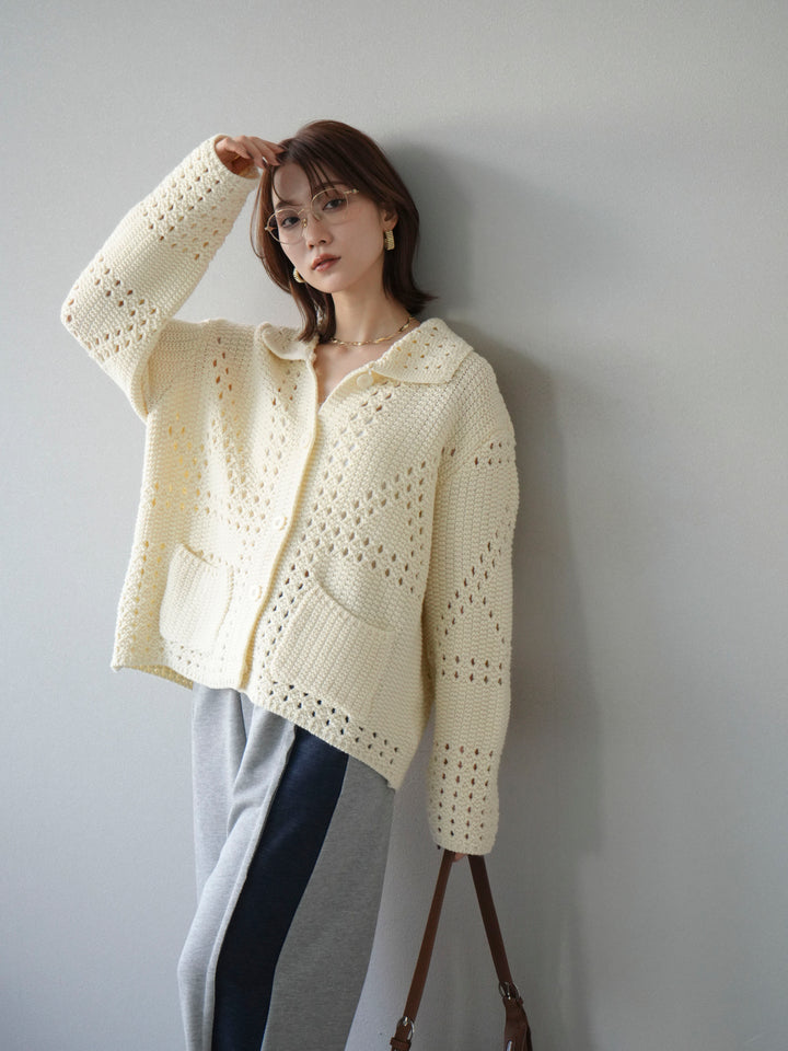 [予約]丸襟透かし編みニットカーディガン/オフ