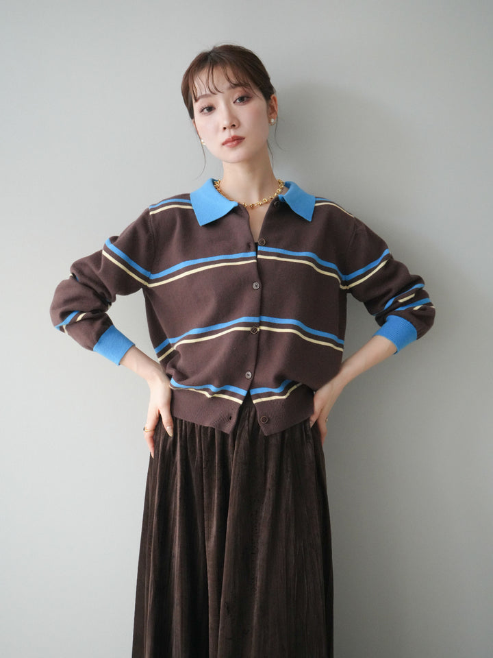 [予約]配色マルチボーダーポロニットカーディガン/brown