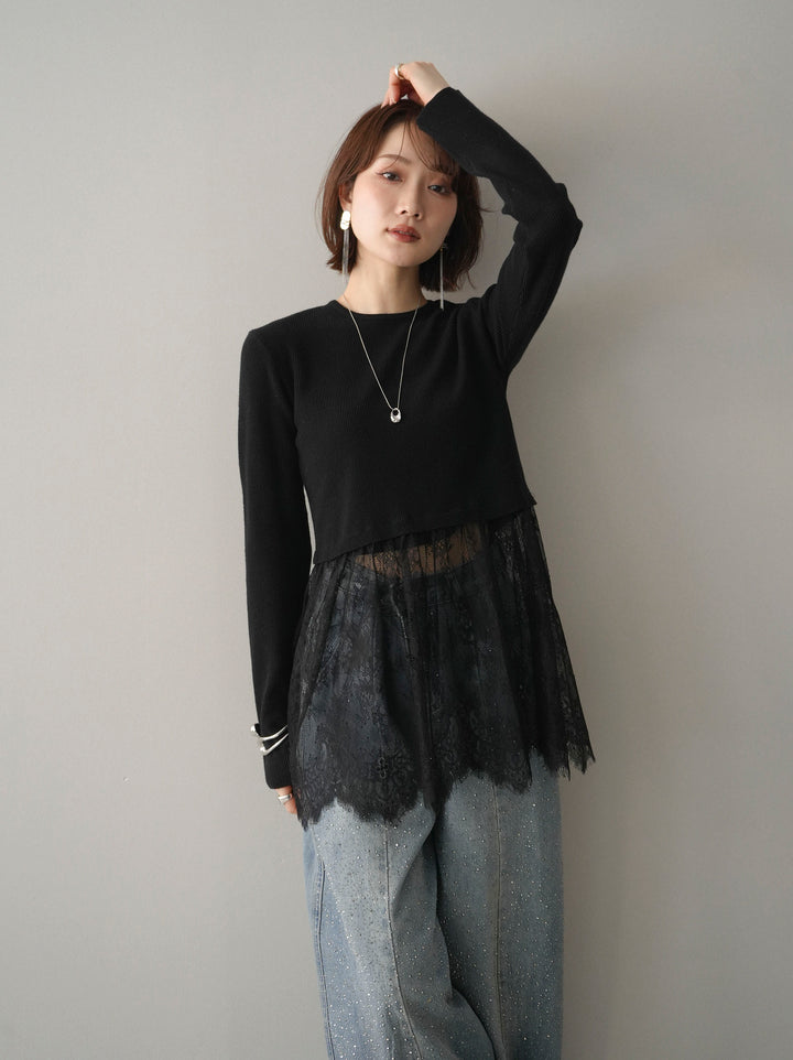 [SET]クルーネックレースドッキングリブニットトップス+フロントビジューカーブデニムパンツ(2set)