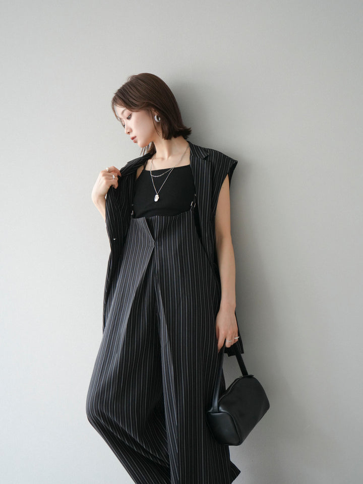 【着回しセット】[SET]ヘリンボーンストライプジレ+シアー切替ベロアトップス+ヘリンボーンストライプサロペット(3set)