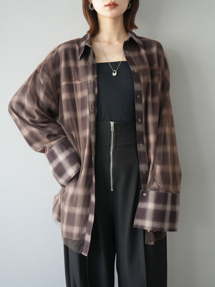 [予約]チュールドッキングチェック柄オーバーサイズシャツ/ブラウン