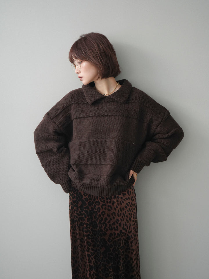 [予約]襟付きボーダー編みニットプルオーバー/brown