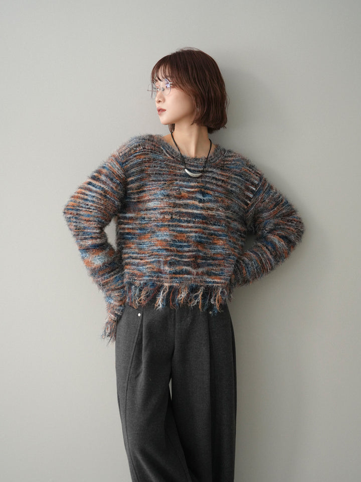 [予約]裾フリンジミックスヤーンシャギープルオーバー/blue