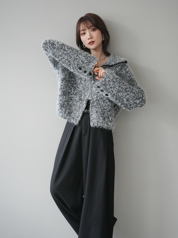 [予約]ミックスシャギージップニットカーディガン/black