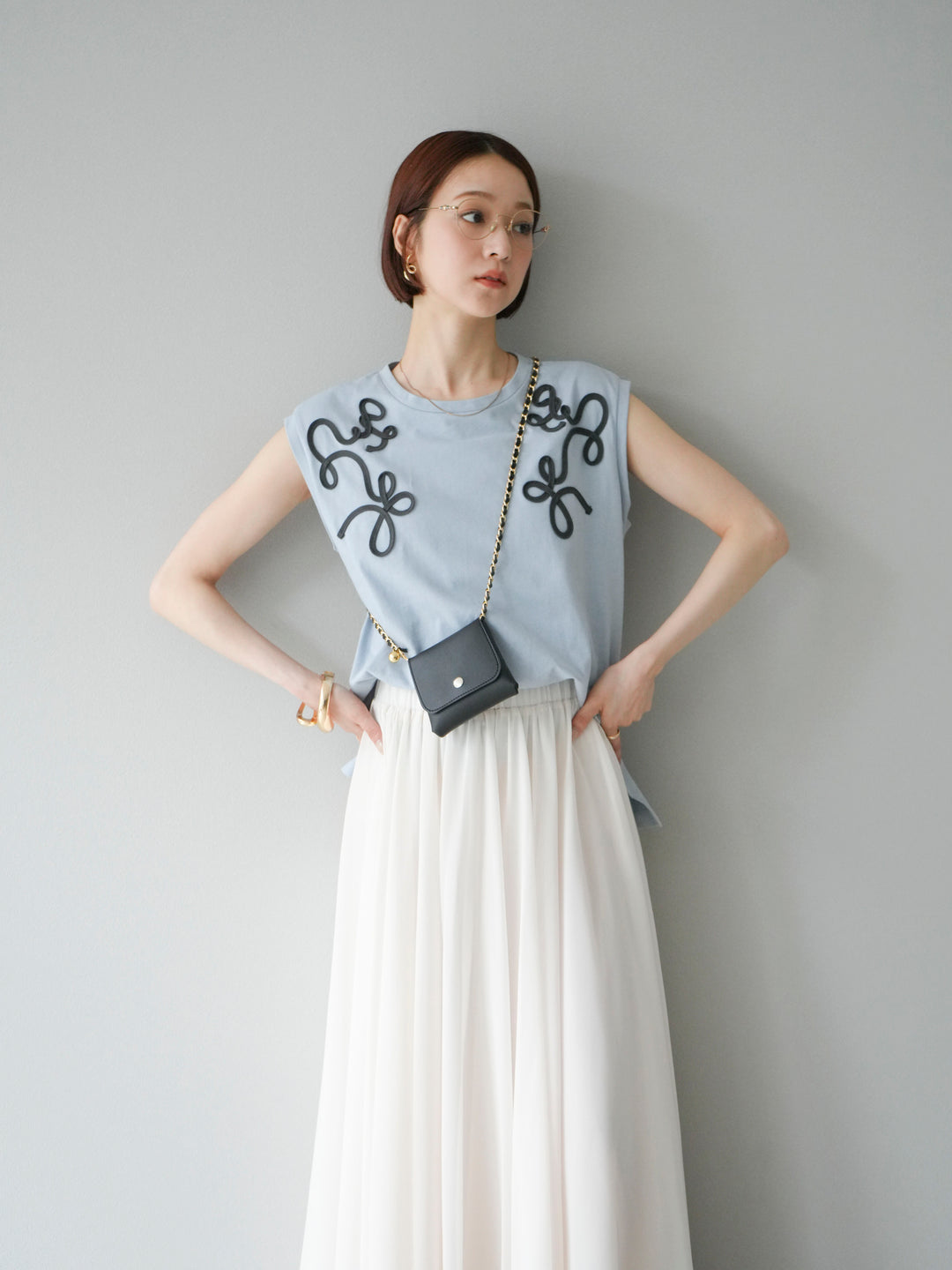 [SET] 繩繡法式袖T卹+雪紡喇叭裙（2件組）