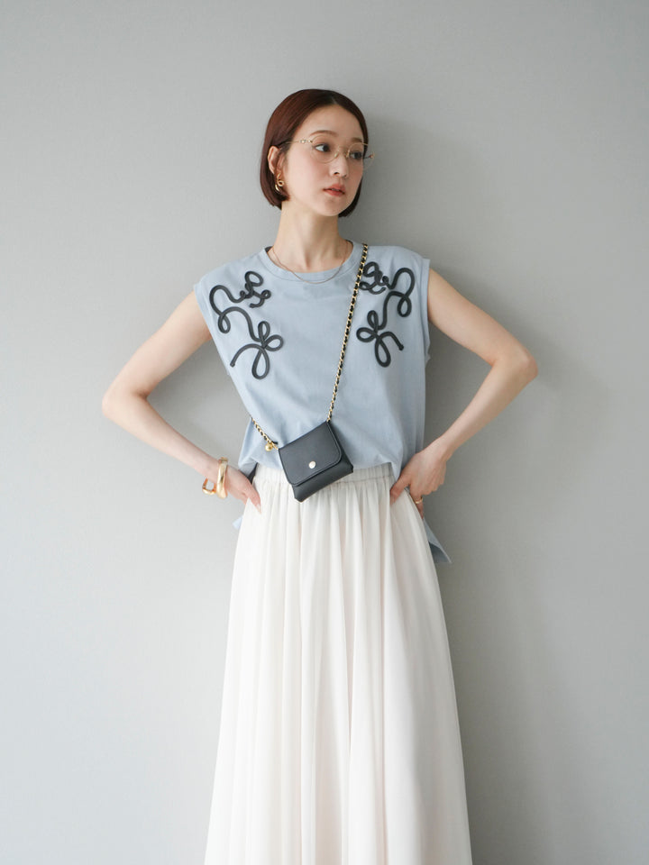 [SET] 繩繡法式袖T卹+雪紡喇叭裙（2件組）