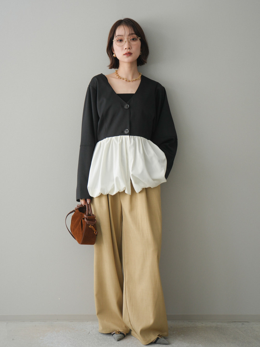 [予約]異素材ドッキングメニータックワイドパンツ/beige