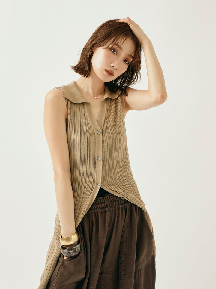 [予約]襟付きランダムリブロングニットカーディガン/ベージュ