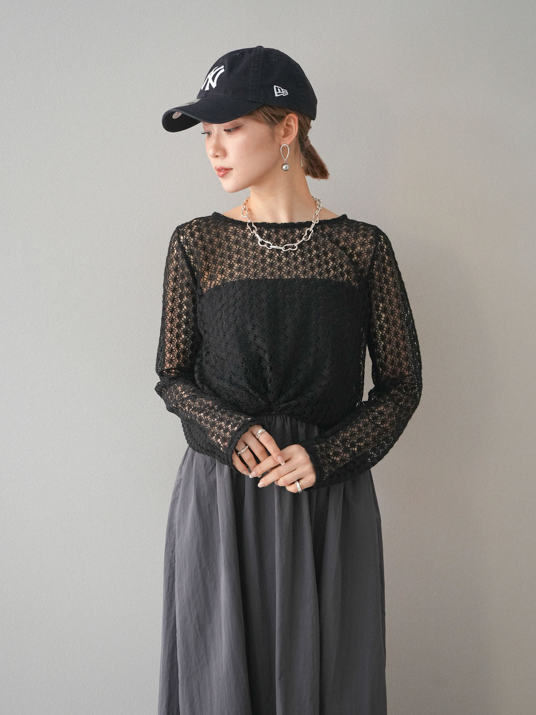 [予約]透かし編みトップス/ブラック