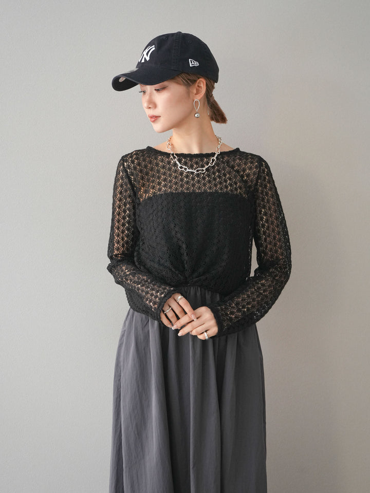 [予約]透かし編みトップス/ブラック