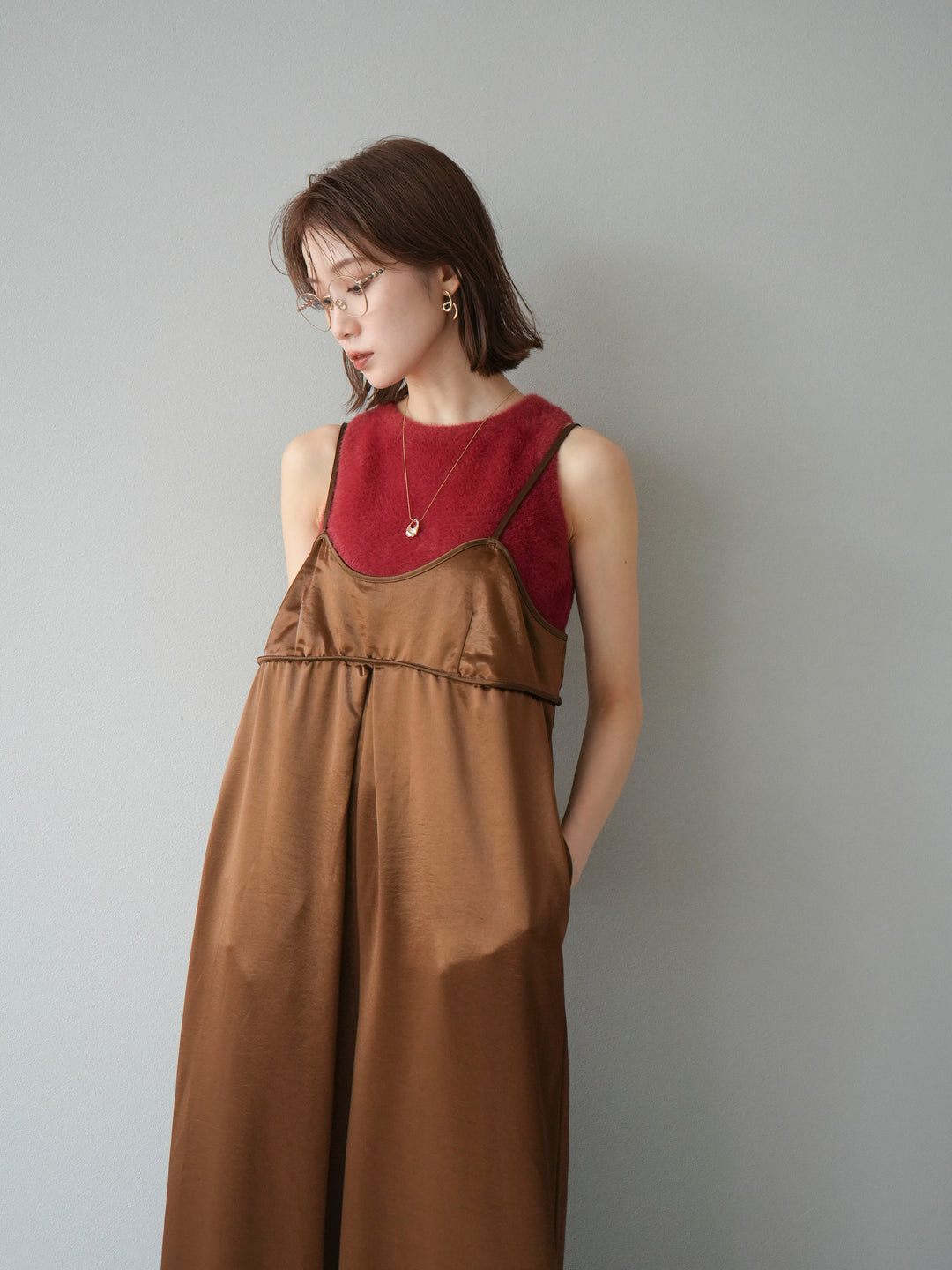 [予約]サテンビスチェオールインワン/ブラウン