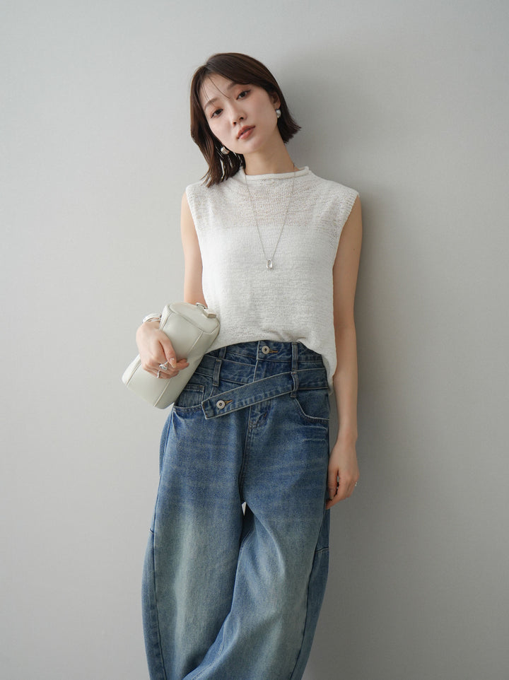 【套裝】無袖亞麻質感透視針織套頭衫 + 不對稱闊腿牛仔褲（兩件套）