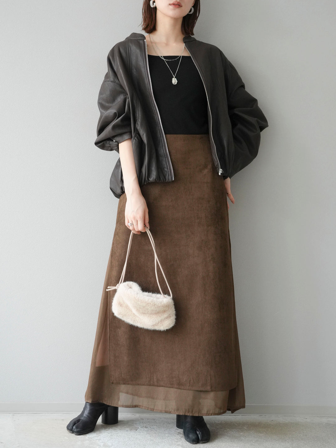 [予約]サイドスリットスウェードドッキングシフォンスカート/ブラウン