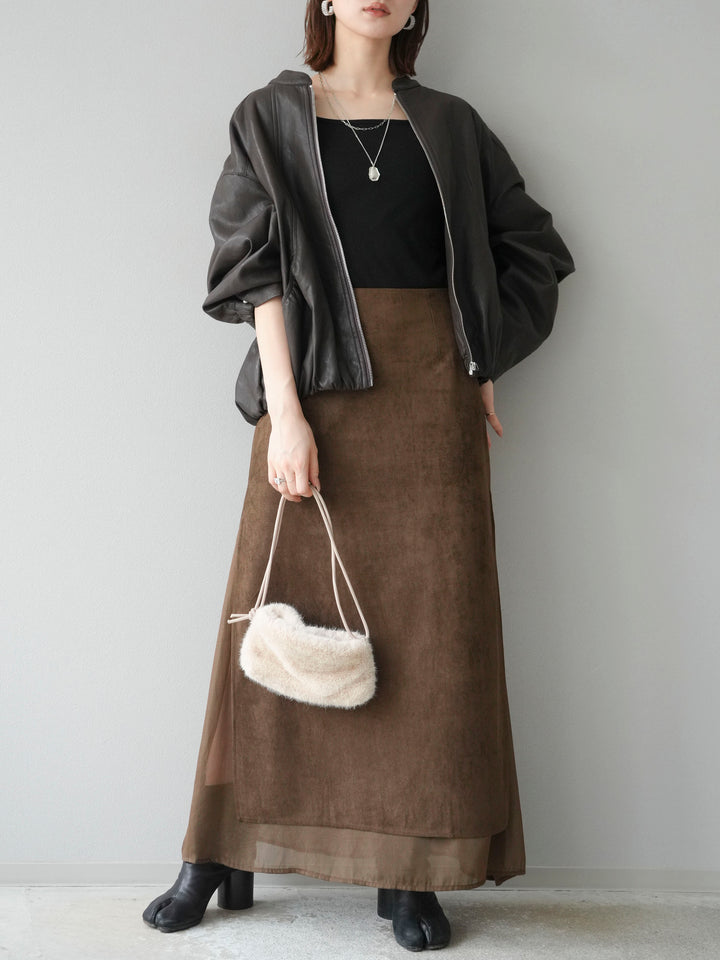 [予約]サイドスリットスウェードドッキングシフォンスカート/ブラウン
