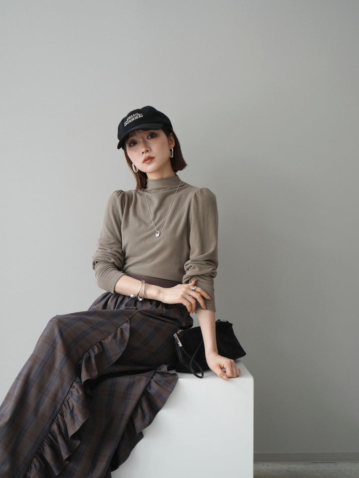 [SET]プチネックパワーショルダー起毛トップス+チェック柄フリルハイウエストマキシスカート(2set)