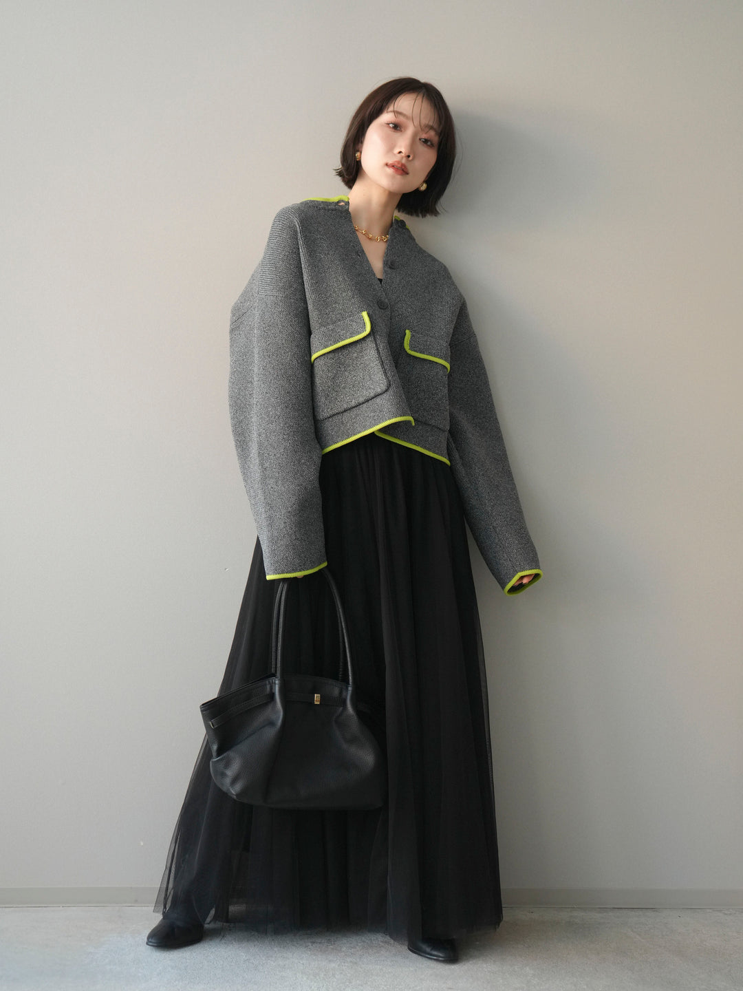 [SET]ポリエステル配色ニットカーディガン+チュールボリュームスカート(2set)