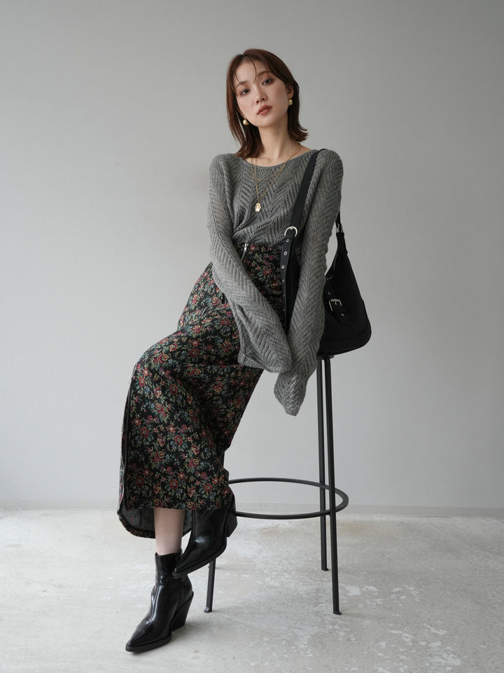 [予約]透かし編みニットトップス/グレー